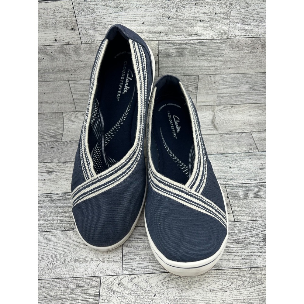 Clarks Cloudsteppers Step Glow Slip Navy Blue Canvas Flats Women Size 10M